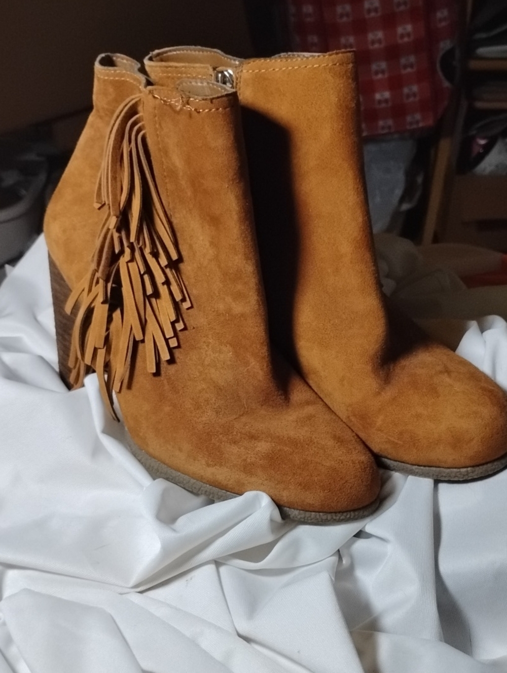 Fringed Booties Faux Suede Zip Stacked Heel Vince Camuto